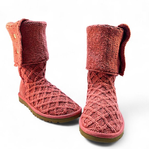 UGG Women's Pink Lattice Cardy Knit Sweater Boot Size 8 - Picture 3 of 10